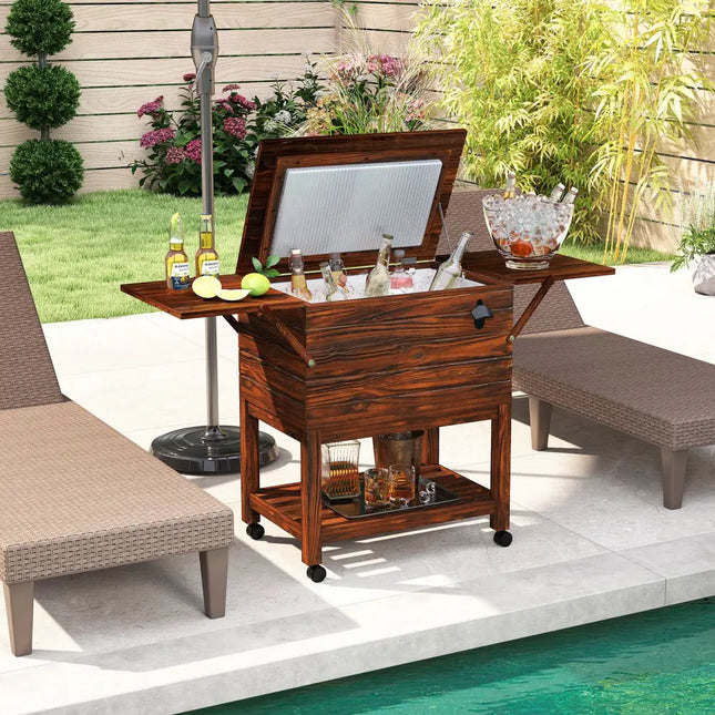 54 Quart Wooden Cooler Cart for Patio Rolling Ice Chest with Shelves-Brown - Brown - Outdoor