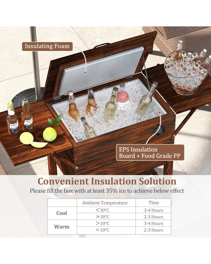 54 Quart Wooden Cooler Cart for Patio Rolling Ice Chest with Shelves-Brown - Brown - Outdoor