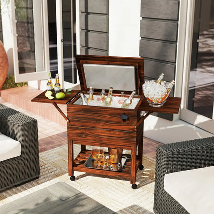 54 Quart Wooden Cooler Cart for Patio Rolling Ice Chest with Shelves-Brown - Brown - Outdoor