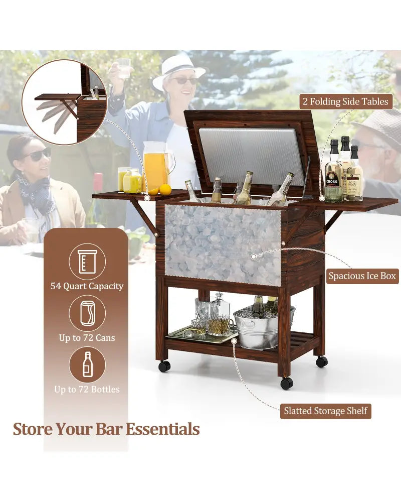 54 Quart Wooden Cooler Cart for Patio Rolling Ice Chest with Shelves-Brown - Brown - Outdoor