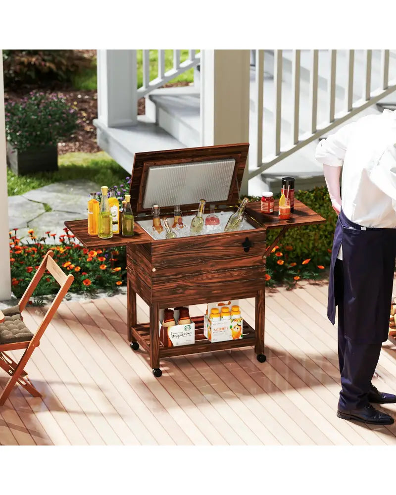 54 Quart Wooden Cooler Cart for Patio Rolling Ice Chest with Shelves-Brown - Brown - Outdoor