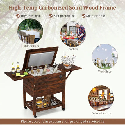 54 Quart Wooden Cooler Cart for Patio Rolling Ice Chest with Shelves-Brown - Brown - Outdoor