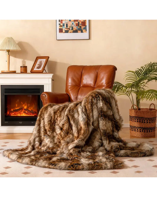 540GSM Soft Plush Fuzzy Luxury Faux Raccoon Fur Blanket for Bed-M - Golden - Bedding