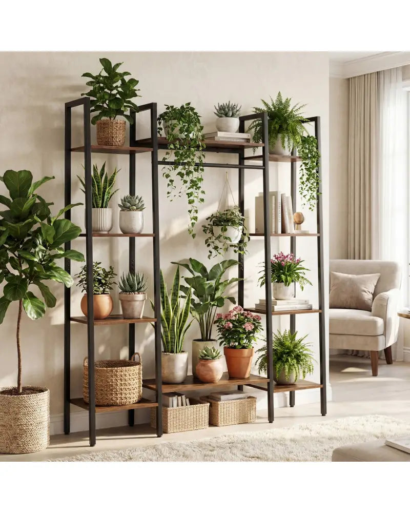 55.5 inch Tall Plant Stand 10-Tier Plant Rack with 16 Colors LED Strip Lights-Rustic Brown - Rustic Brown - Plant Stands