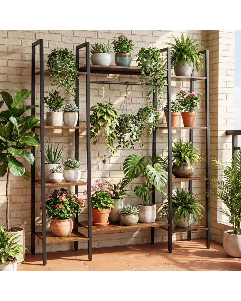 55.5 inch Tall Plant Stand 10-Tier Plant Rack with 16 Colors LED Strip Lights-Rustic Brown - Rustic Brown - Plant Stands