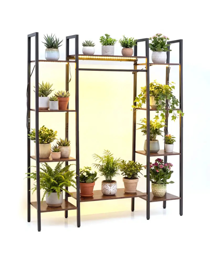 55.5 inch Tall Plant Stand 10-Tier Plant Rack with 16 Colors LED Strip Lights-Rustic Brown - Rustic Brown - Plant Stands