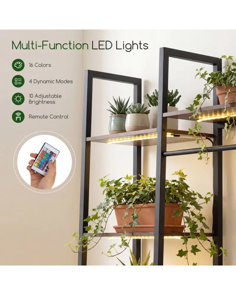 55.5 inch Tall Plant Stand 10-Tier Plant Rack with 16 Colors LED Strip Lights-Rustic Brown - Rustic Brown - Plant Stands