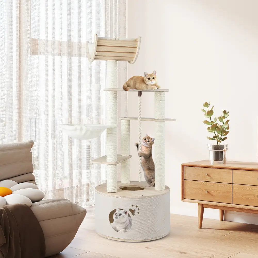 55.5 Inches Tall Wooden Cat Tree with Washable Plush Cushions for Indoor Cats - Cat Trees Condos & Scratchers