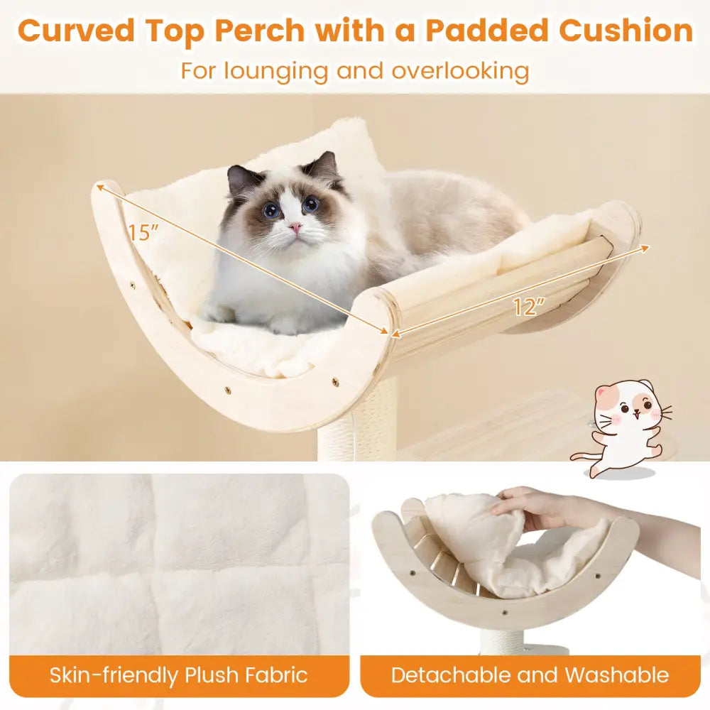 55.5 Inches Tall Wooden Cat Tree with Washable Plush Cushions for Indoor Cats - Cat Trees Condos & Scratchers