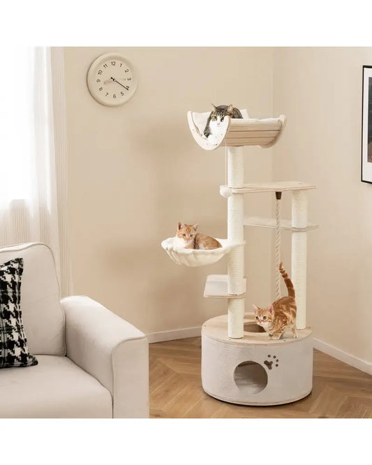 55.5 Inches Tall Wooden Cat Tree with Washable Plush Cushions for Indoor Cats - Cat Trees Condos & Scratchers