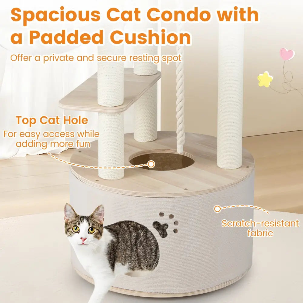 55.5 Inches Tall Wooden Cat Tree with Washable Plush Cushions for Indoor Cats - Cat Trees Condos & Scratchers