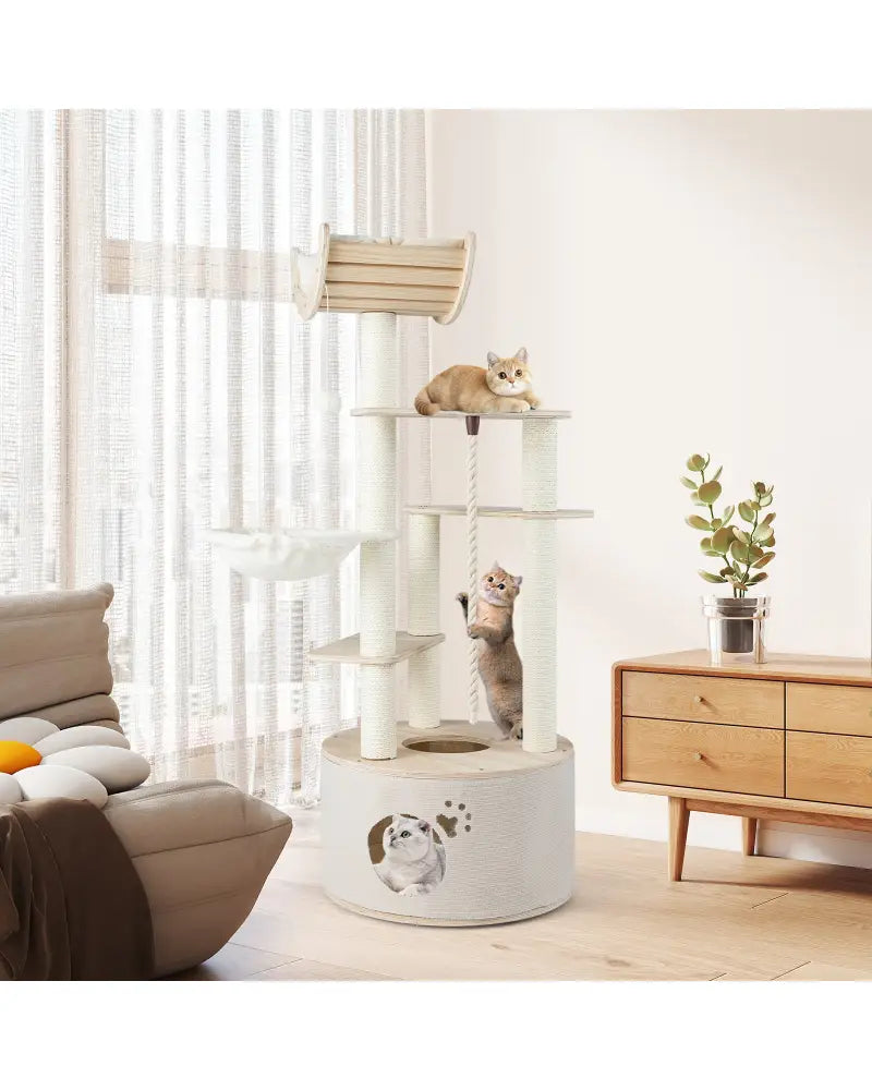 55.5 Inches Tall Wooden Cat Tree with Washable Plush Cushions for Indoor Cats - Cat Trees Condos & Scratchers