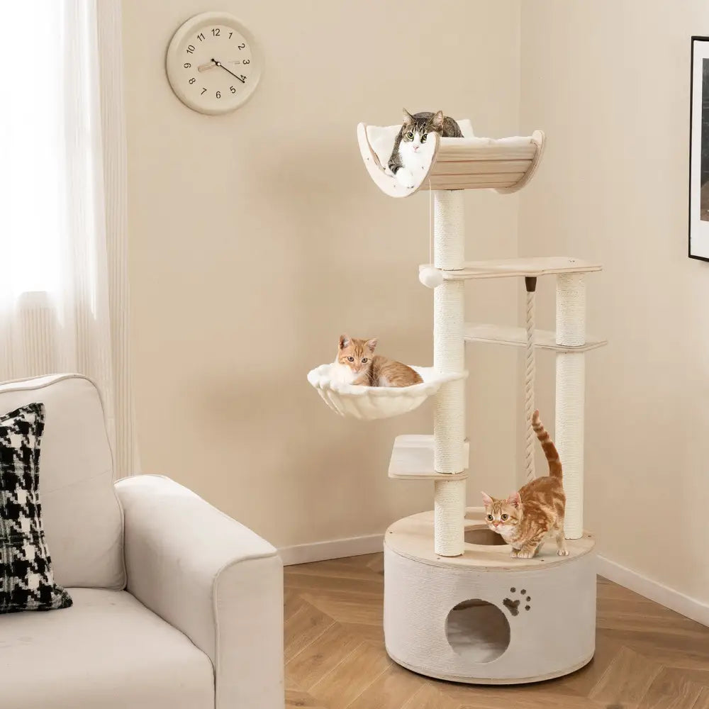 55.5 Inches Tall Wooden Cat Tree with Washable Plush Cushions for Indoor Cats - Cat Trees Condos & Scratchers