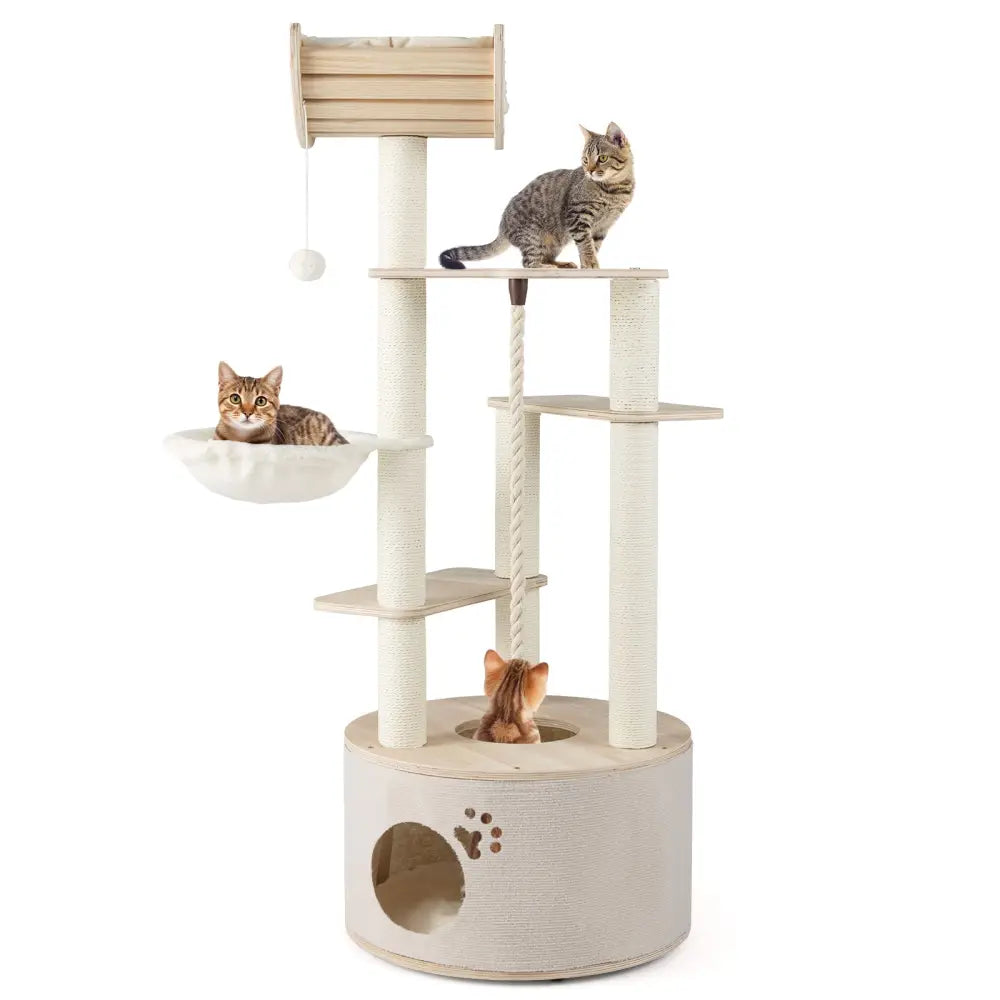 55.5 Inches Tall Wooden Cat Tree with Washable Plush Cushions for Indoor Cats - Cat Trees Condos & Scratchers