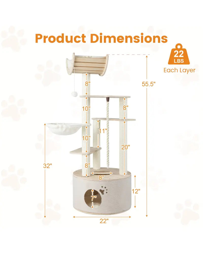 55.5 Inches Tall Wooden Cat Tree with Washable Plush Cushions for Indoor Cats - Cat Trees Condos & Scratchers