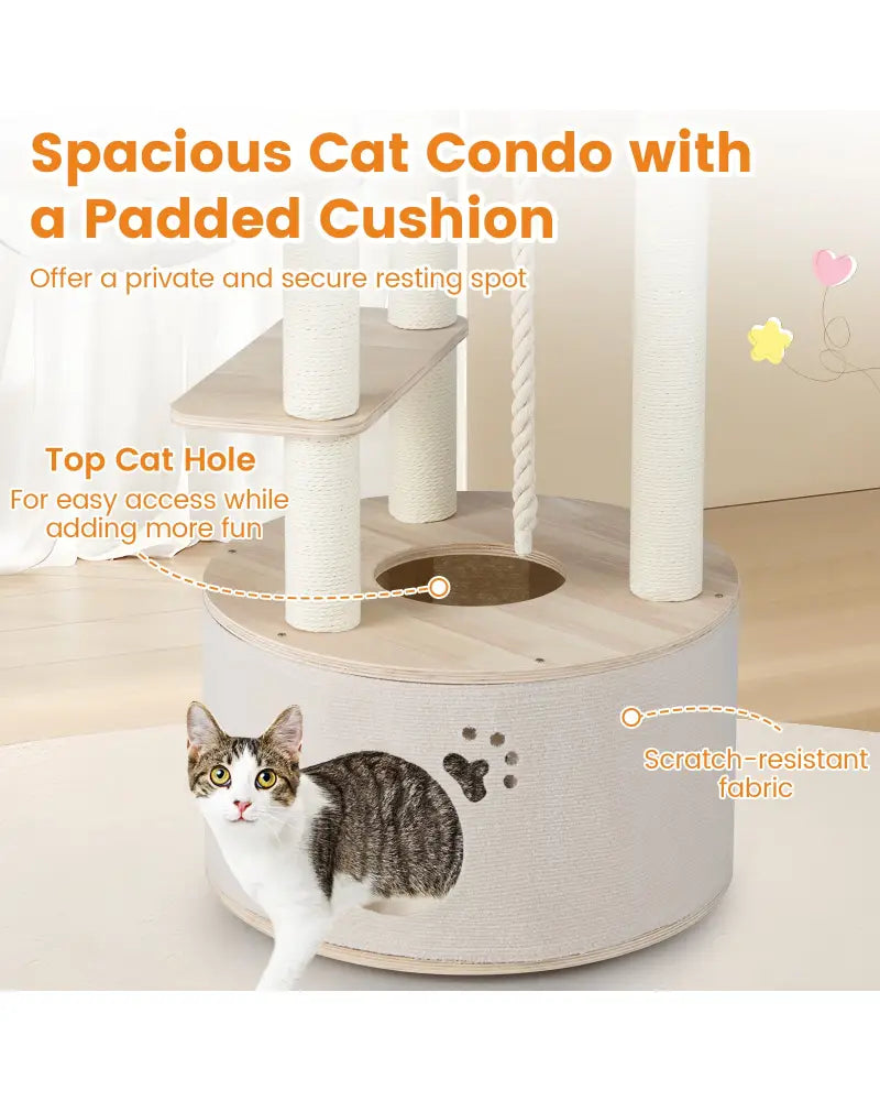 55.5 Inches Tall Wooden Cat Tree with Washable Plush Cushions for Indoor Cats - Cat Trees Condos & Scratchers