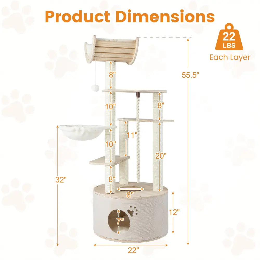 55.5 Inches Tall Wooden Cat Tree with Washable Plush Cushions for Indoor Cats - Cat Trees Condos & Scratchers
