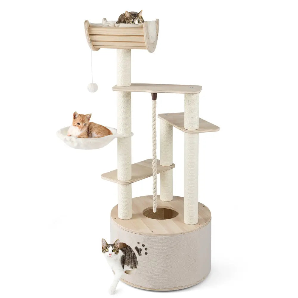 55.5 Inches Tall Wooden Cat Tree with Washable Plush Cushions for Indoor Cats - Cat Trees Condos & Scratchers