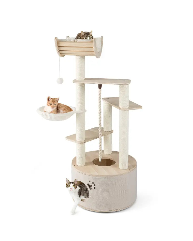 55.5 Inches Tall Wooden Cat Tree with Washable Plush Cushions for Indoor Cats - Cat Trees Condos & Scratchers