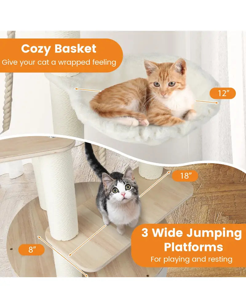 55.5 Inches Tall Wooden Cat Tree with Washable Plush Cushions for Indoor Cats - Cat Trees Condos & Scratchers