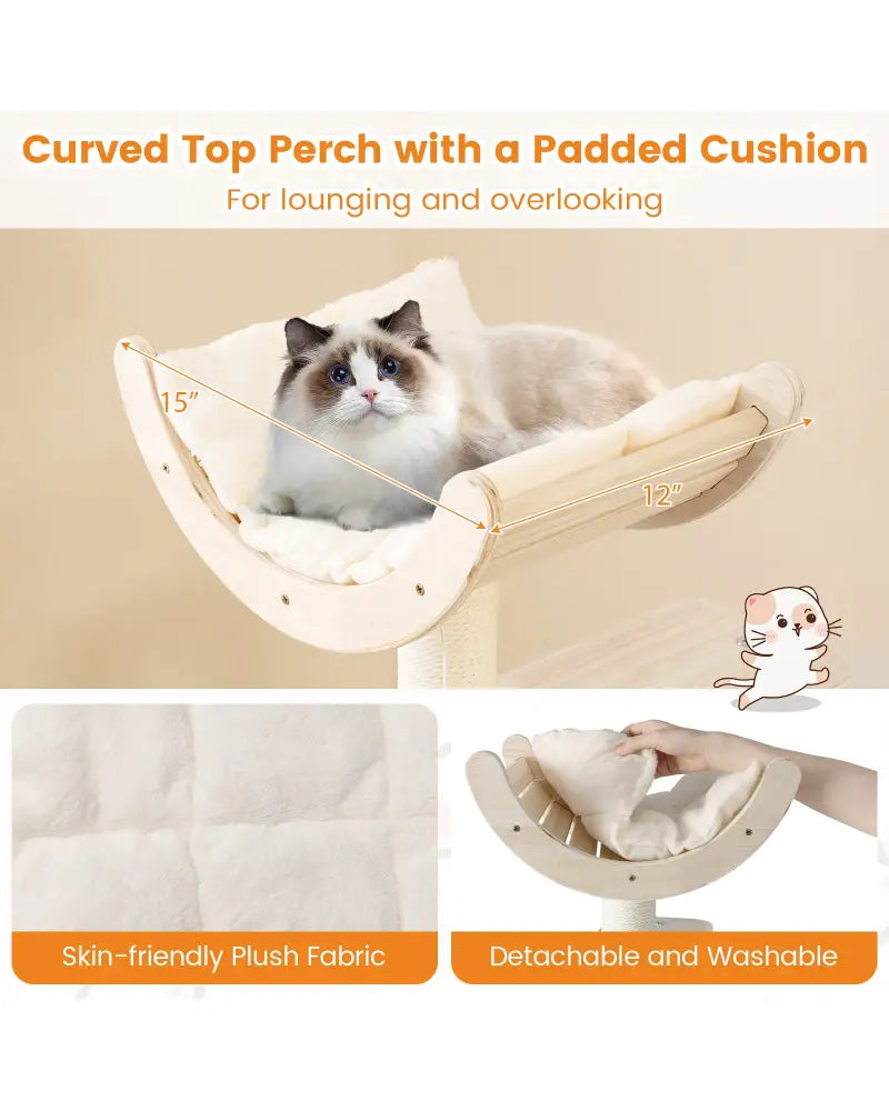 55.5 Inches Tall Wooden Cat Tree with Washable Plush Cushions for Indoor Cats - Cat Trees Condos & Scratchers