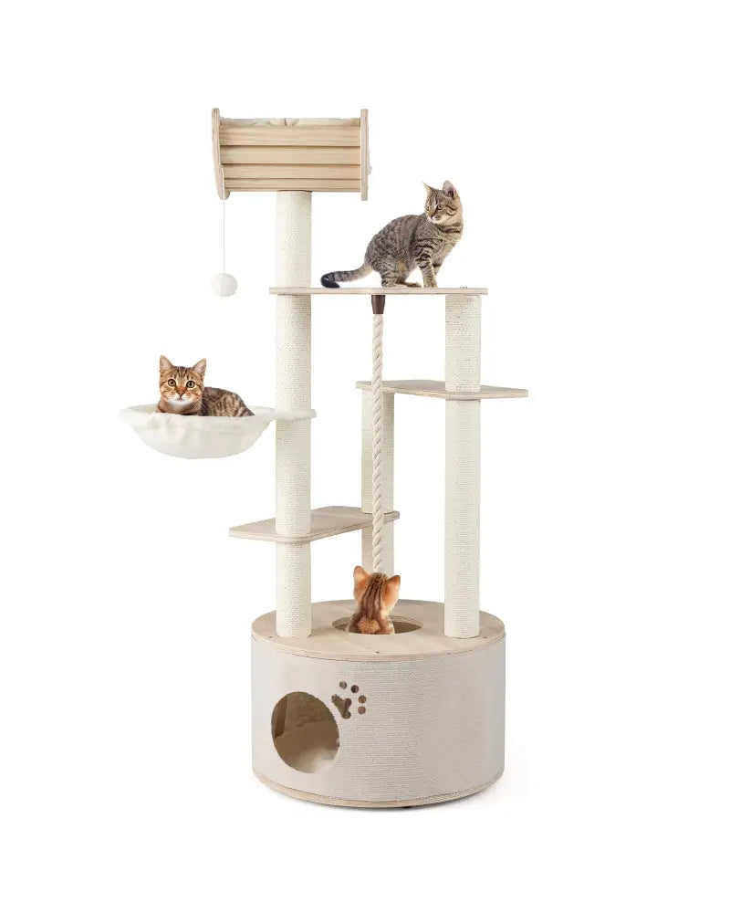 55.5 Inches Tall Wooden Cat Tree with Washable Plush Cushions for Indoor Cats - Cat Trees Condos & Scratchers