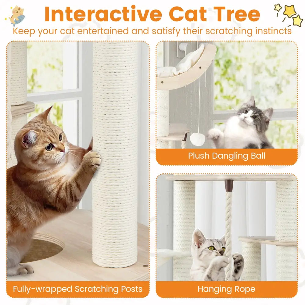 55.5 Inches Tall Wooden Cat Tree with Washable Plush Cushions for Indoor Cats - Cat Trees Condos & Scratchers