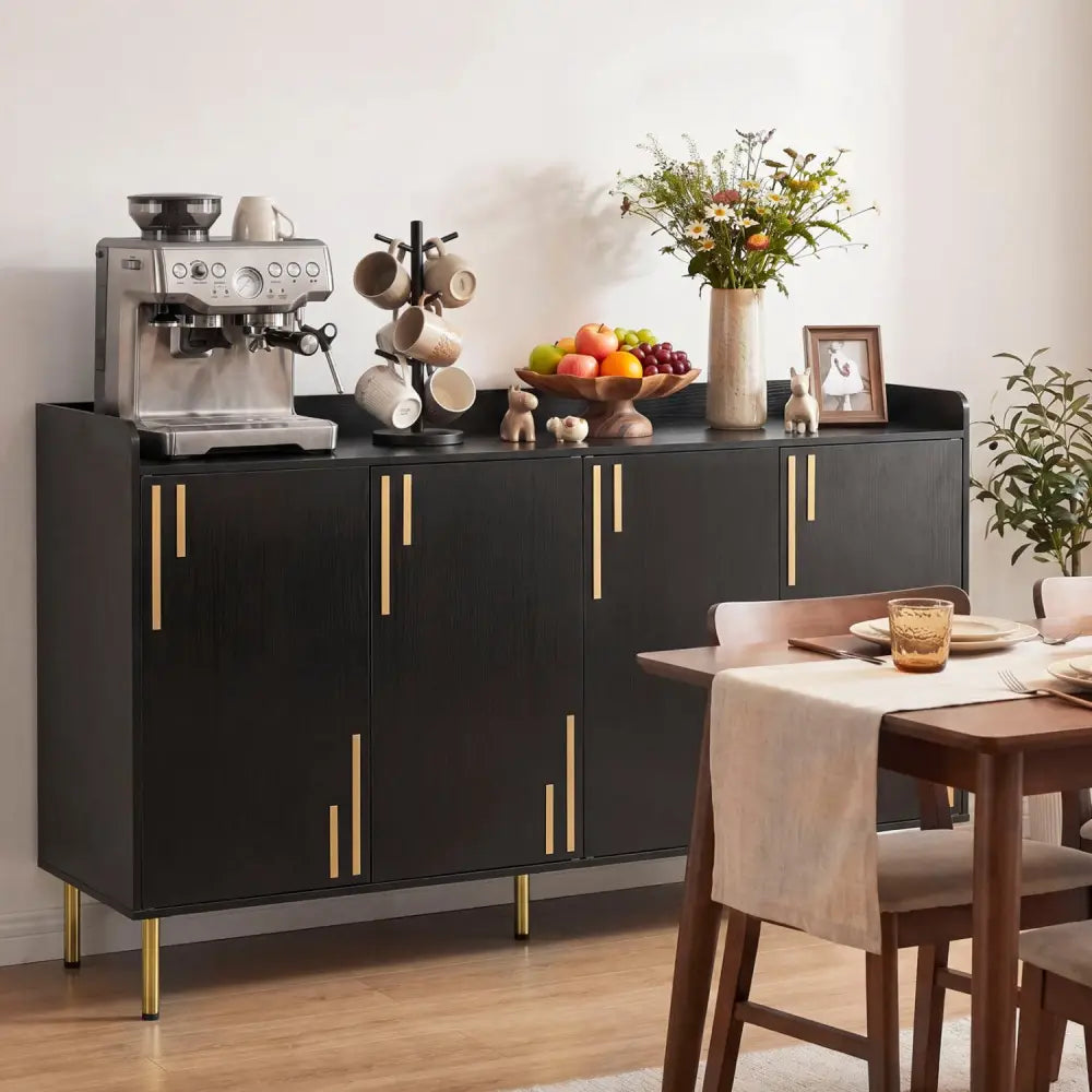 55’’ Buffet Cabinet with 4 Doors and 5 Metal Legs Modern Credenza-Black - Black - Sideboards Cabinets & Buffets