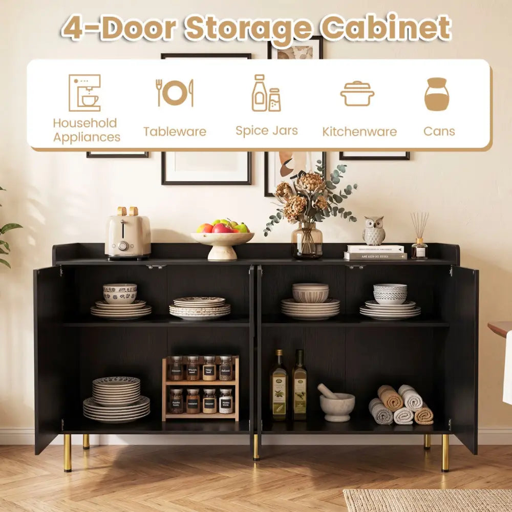 55’’ Buffet Cabinet with 4 Doors and 5 Metal Legs Modern Credenza-Black - Black - Sideboards Cabinets & Buffets