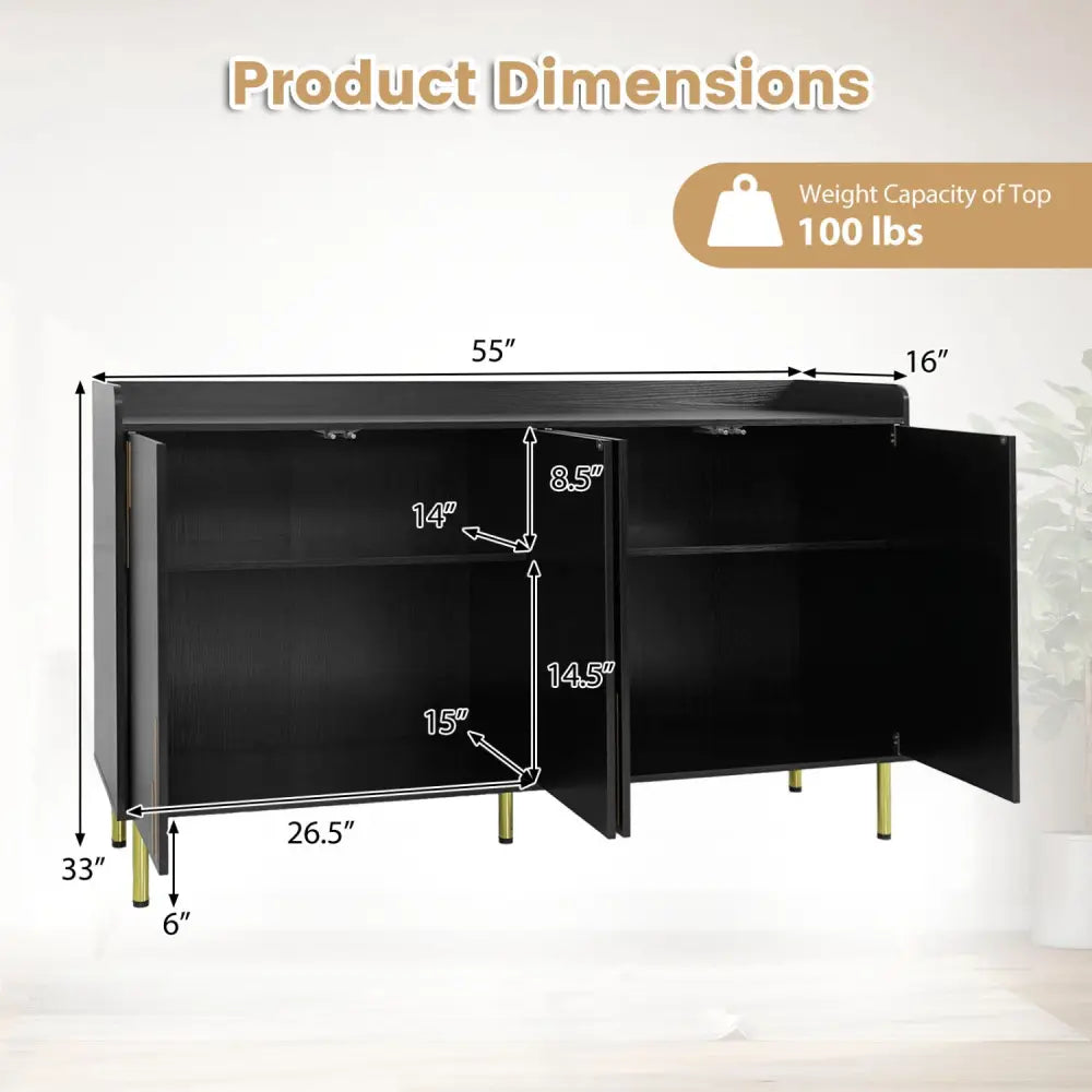 55’’ Buffet Cabinet with 4 Doors and 5 Metal Legs Modern Credenza-Black - Black - Sideboards Cabinets & Buffets