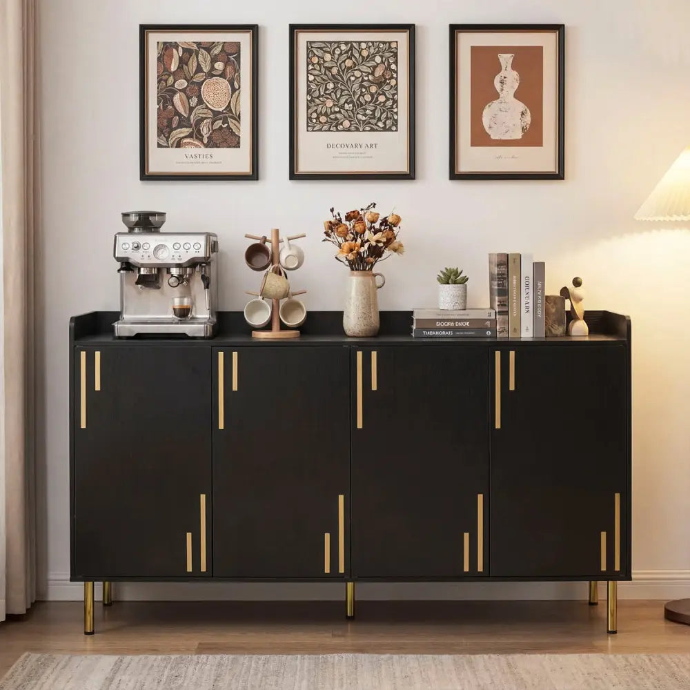 55’’ Buffet Cabinet with 4 Doors and 5 Metal Legs Modern Credenza-Black - Black - Sideboards Cabinets & Buffets