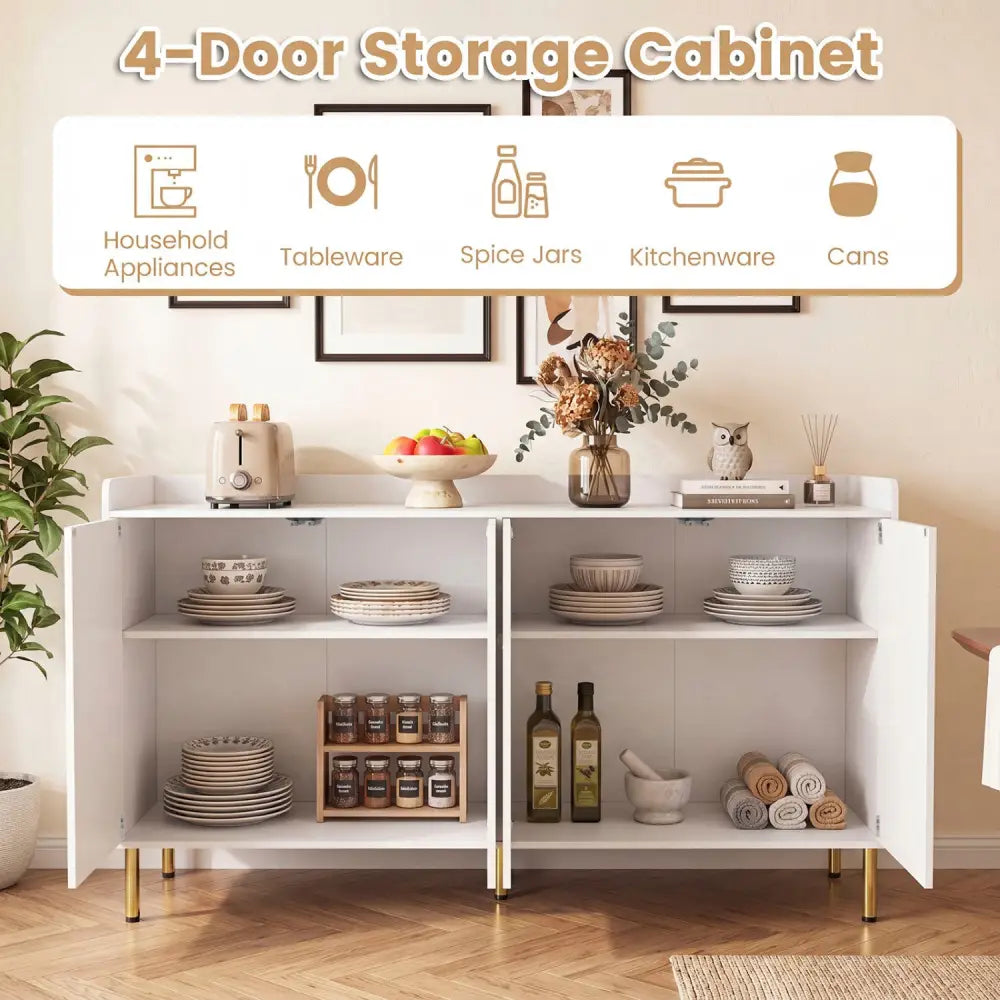 55’’ Buffet Cabinet with 4 Doors and 5 Metal Legs Modern Credenza-White - White - Sideboards Cabinets & Buffets