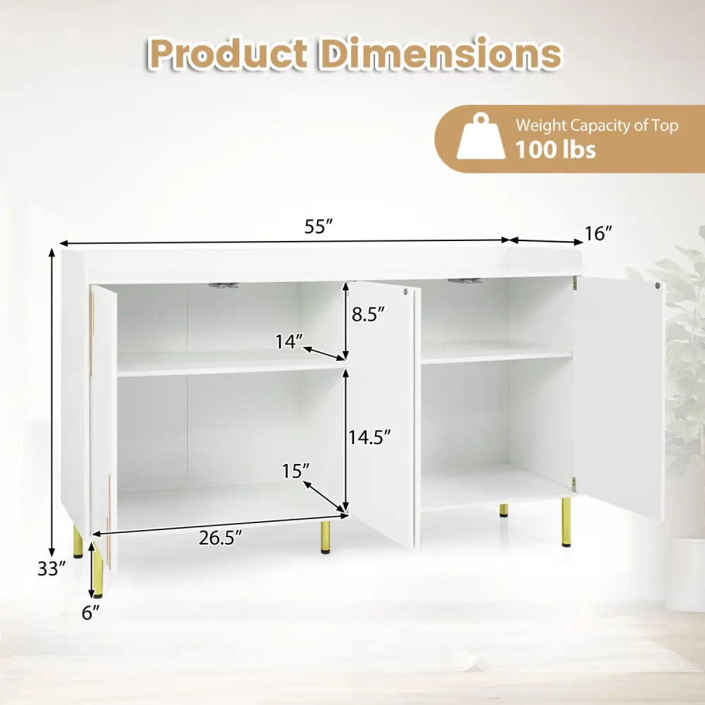 55’’ Buffet Cabinet with 4 Doors and 5 Metal Legs Modern Credenza-White - White - Sideboards Cabinets & Buffets