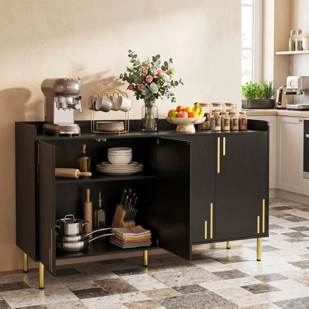 55’’ Buffet Cabinet with 4 Doors and 5 Metal Legs Modern Credenza-Black - Black - Sideboards Cabinets & Buffets