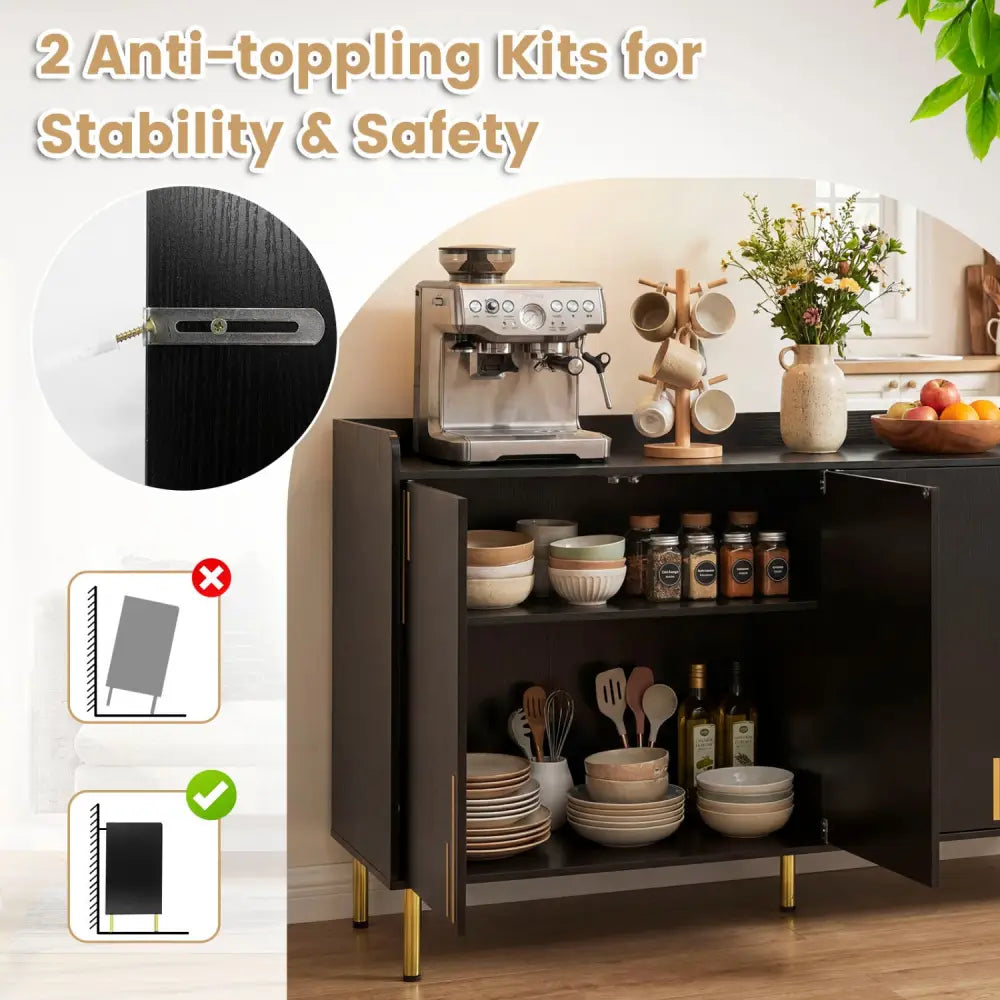 55’’ Buffet Cabinet with 4 Doors and 5 Metal Legs Modern Credenza-Black - Black - Sideboards Cabinets & Buffets