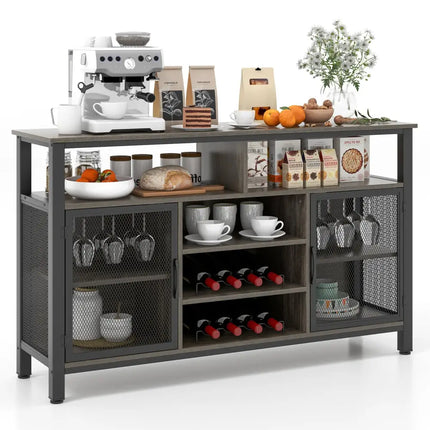 55-Inch Buffet Sideboard with 8-Bottle Wine Racks and Wine Glass Holders-Gray Costway