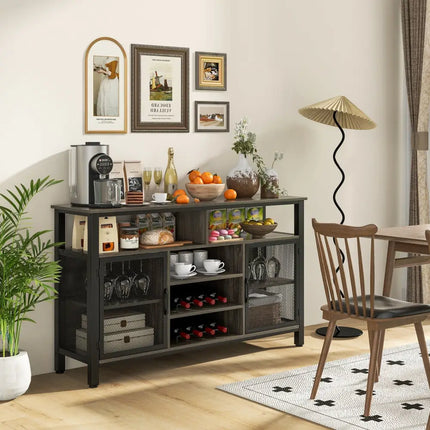 55-Inch Buffet Sideboard with 8-Bottle Wine Racks and Wine Glass Holders-Gray Costway