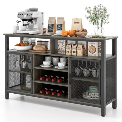 55-Inch Buffet Sideboard with 8-Bottle Wine Racks and Wine Glass Holders-Gray Costway