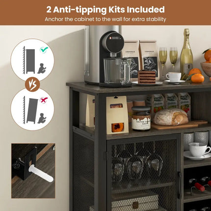 55-Inch Buffet Sideboard with 8-Bottle Wine Racks and Wine Glass Holders-Gray Costway