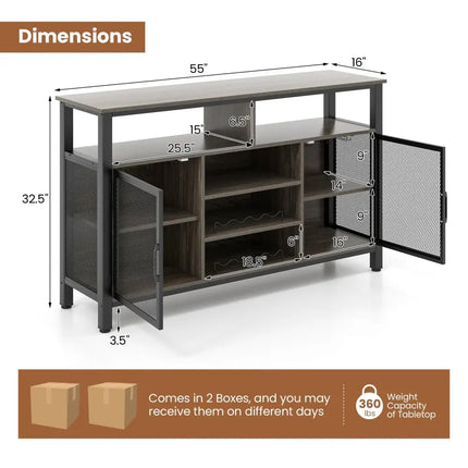 55-Inch Buffet Sideboard with 8-Bottle Wine Racks and Wine Glass Holders-Gray Costway