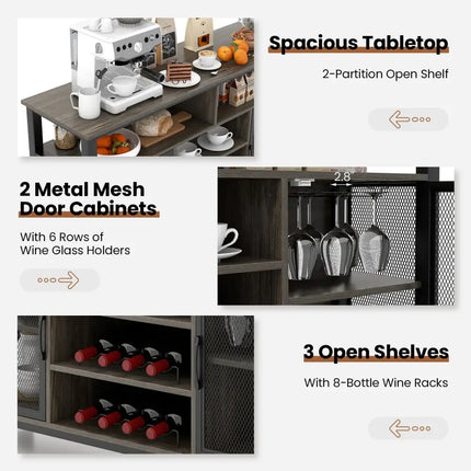 55-Inch Buffet Sideboard with 8-Bottle Wine Racks and Wine Glass Holders-Gray Costway