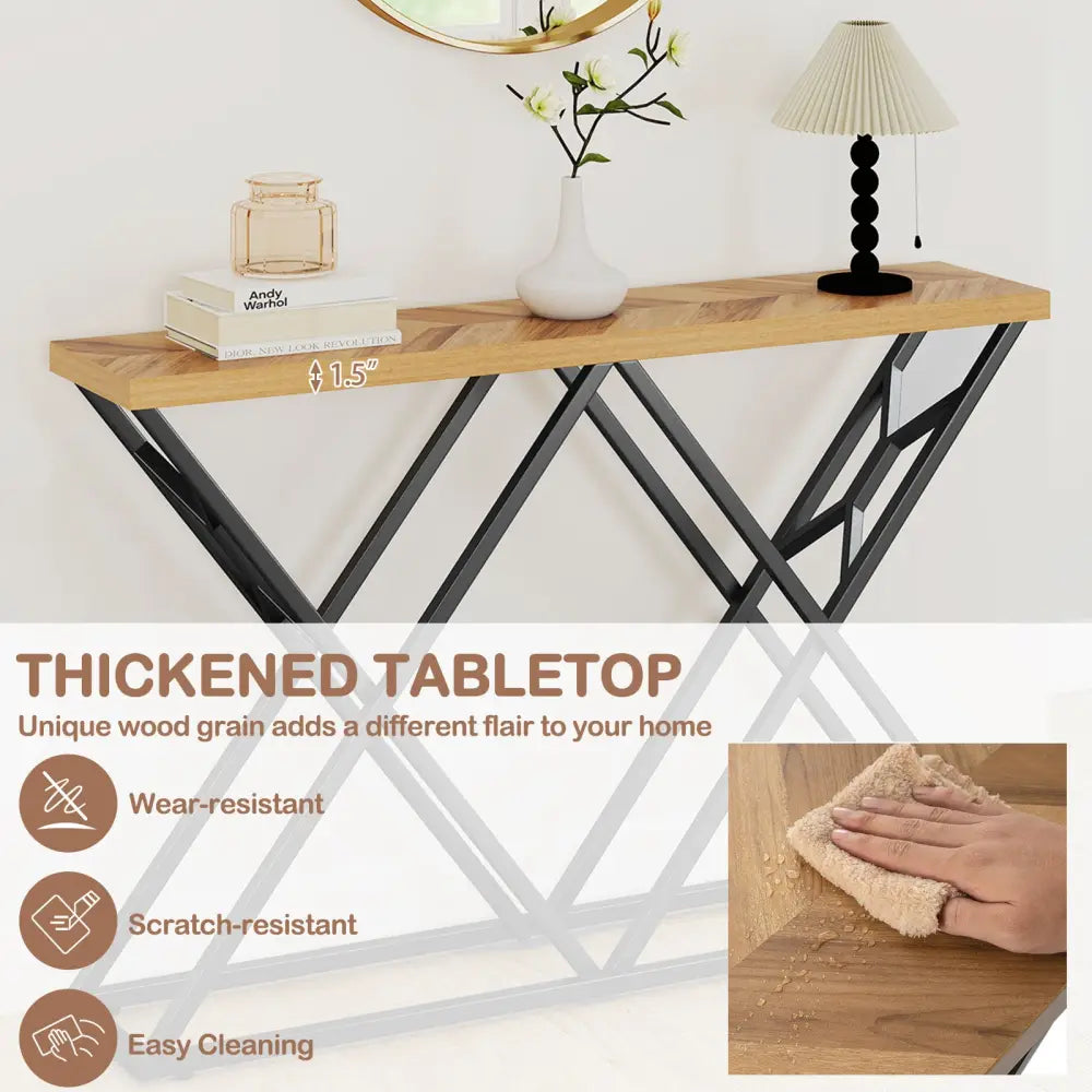 55 Inch Console Table with Solid Metal Frame and Storage-Wood - Wood - Console Tables
