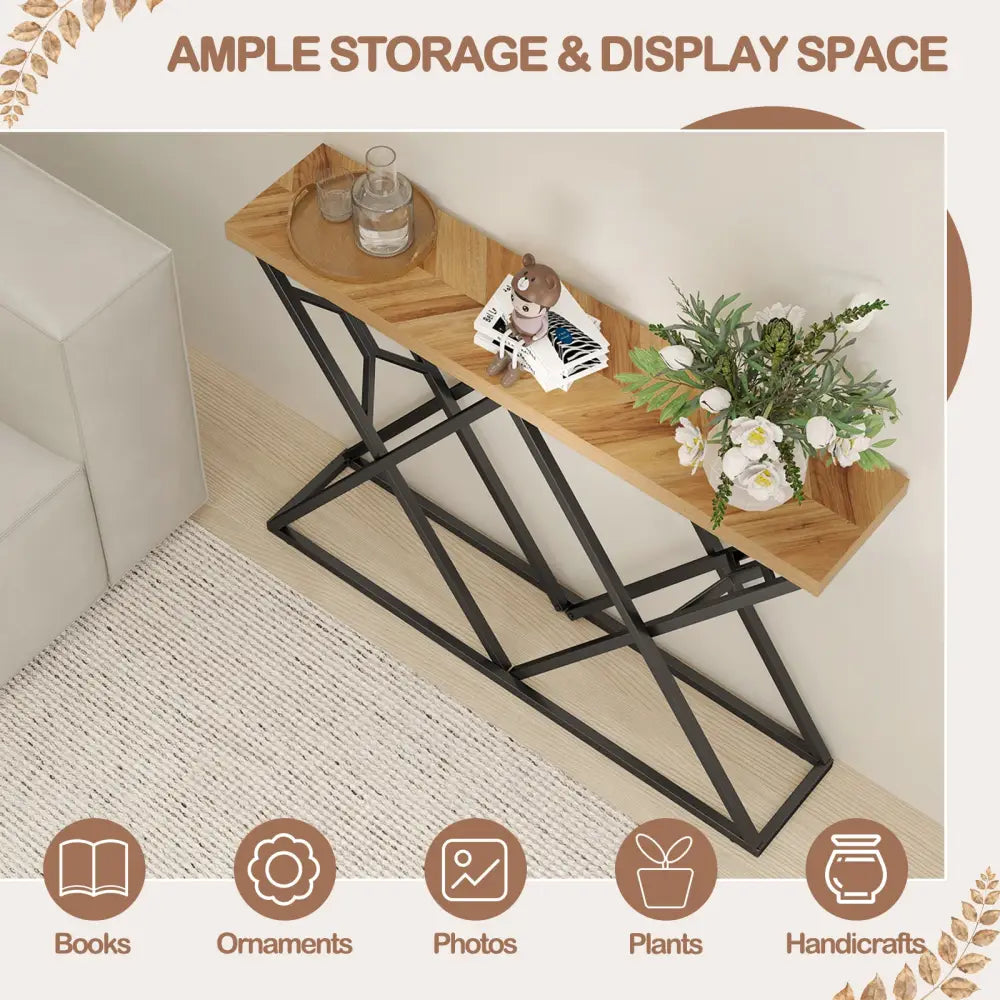 55 Inch Console Table with Solid Metal Frame and Storage-Wood - Wood - Console Tables