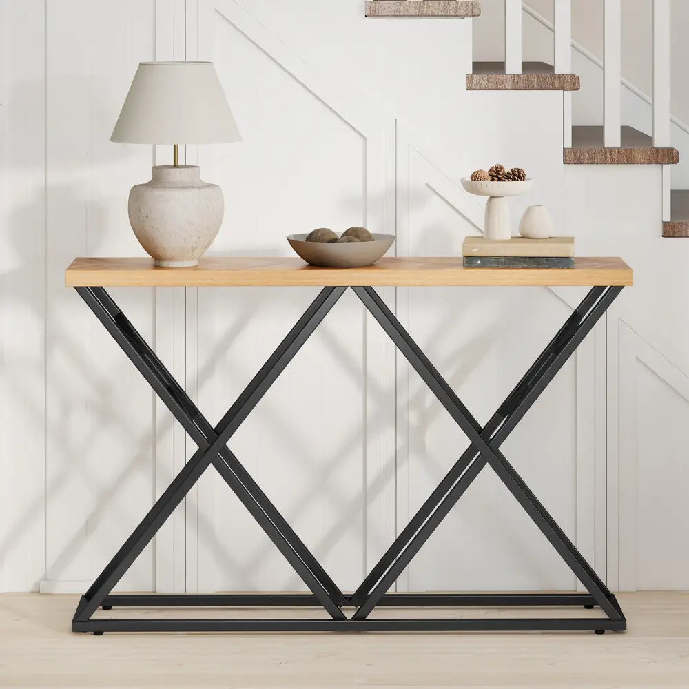 55 Inch Console Table with Solid Metal Frame and Storage-Wood - Wood - Console Tables