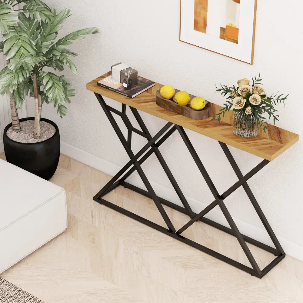 55 Inch Console Table with Solid Metal Frame and Storage-Wood - Wood - Console Tables