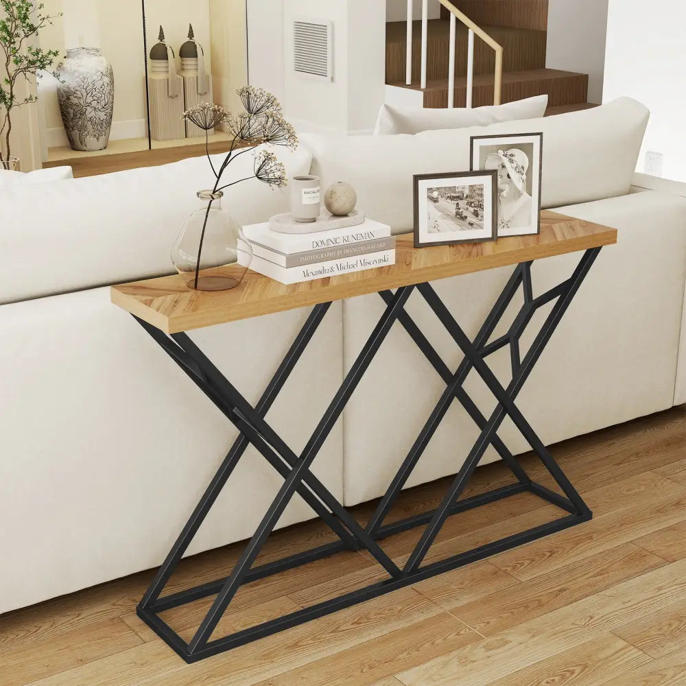 55 Inch Console Table with Solid Metal Frame and Storage-Wood - Wood - Console Tables