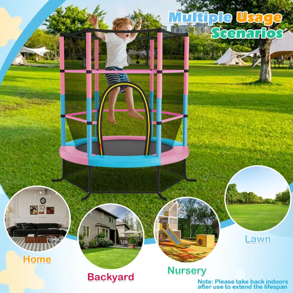 55 Inch Kids Recreational Trampoline Bouncing Jumping Mat with Enclosure Net-Pink - Pink - Trampolines