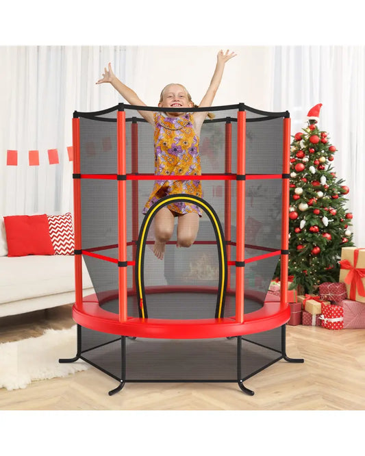 55 Inch Kids Recreational Trampoline Bouncing Jumping Mat with Enclosure Net-Red - Red - Trampolines