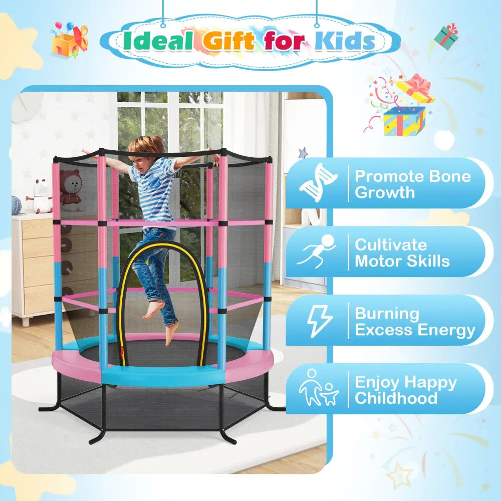 55 Inch Kids Recreational Trampoline Bouncing Jumping Mat with Enclosure Net-Pink - Pink - Trampolines