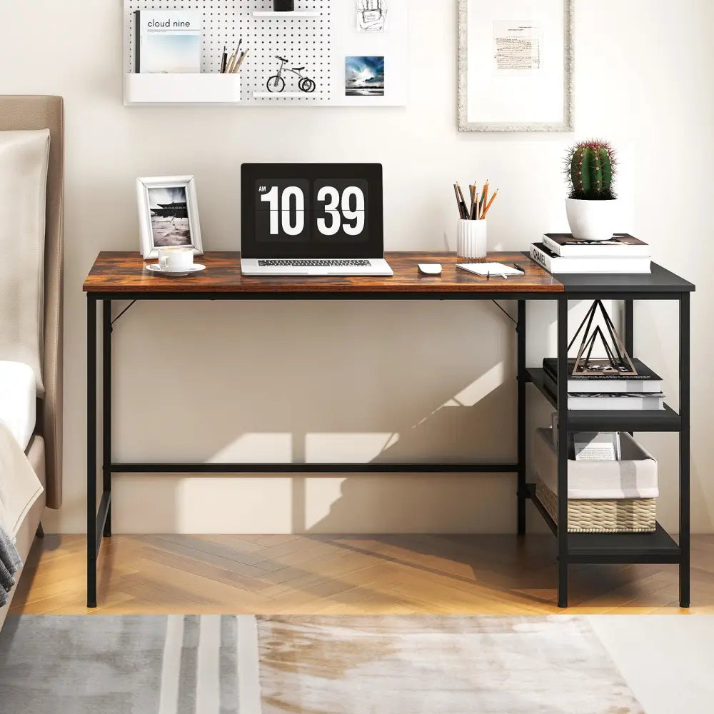 55 Inch Modern Industrial Style Study Writing Desk with 2 Storage Shelves-Brown - Rustic Brown - Computer Desks
